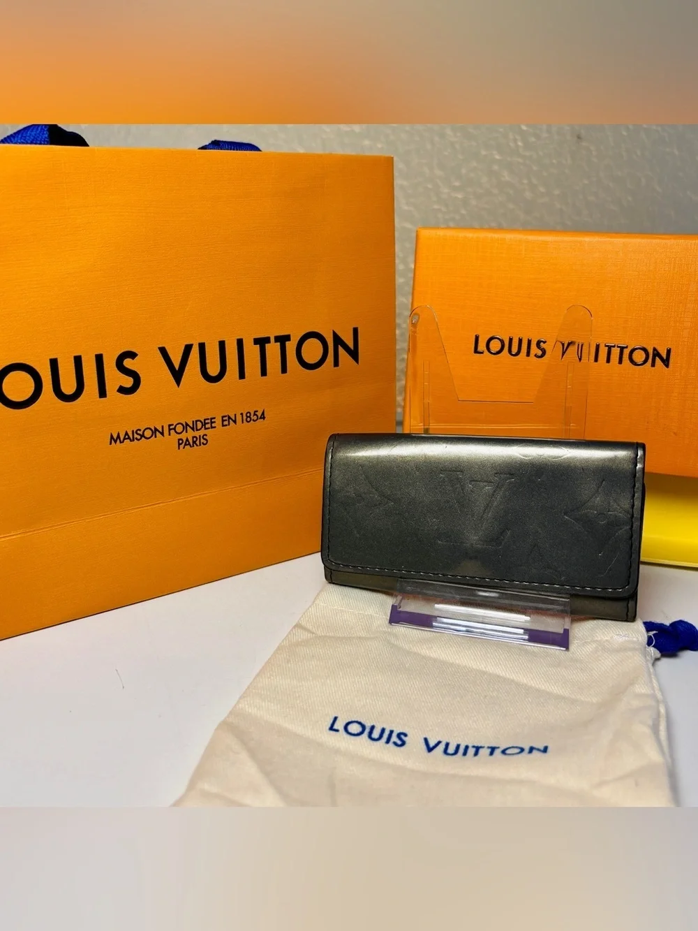 Louis Vuitton Charcoal Metallic Leather Key Holder w/LV Dust Bag| Box| Gift COA